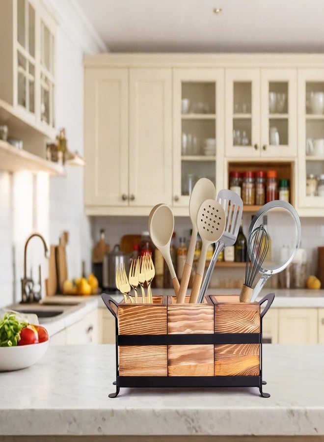 Earssa Wood Utensil Holder Silverware Caddy with Metal Rack Detachable Utensil Caddy for Party Flatware Organizer for Kitchen Forks Spoons Knives Storage - Image 5